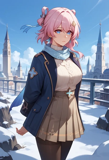 star rail,march 7th,winter,student uniform,puffer coat  - AI generated anime art